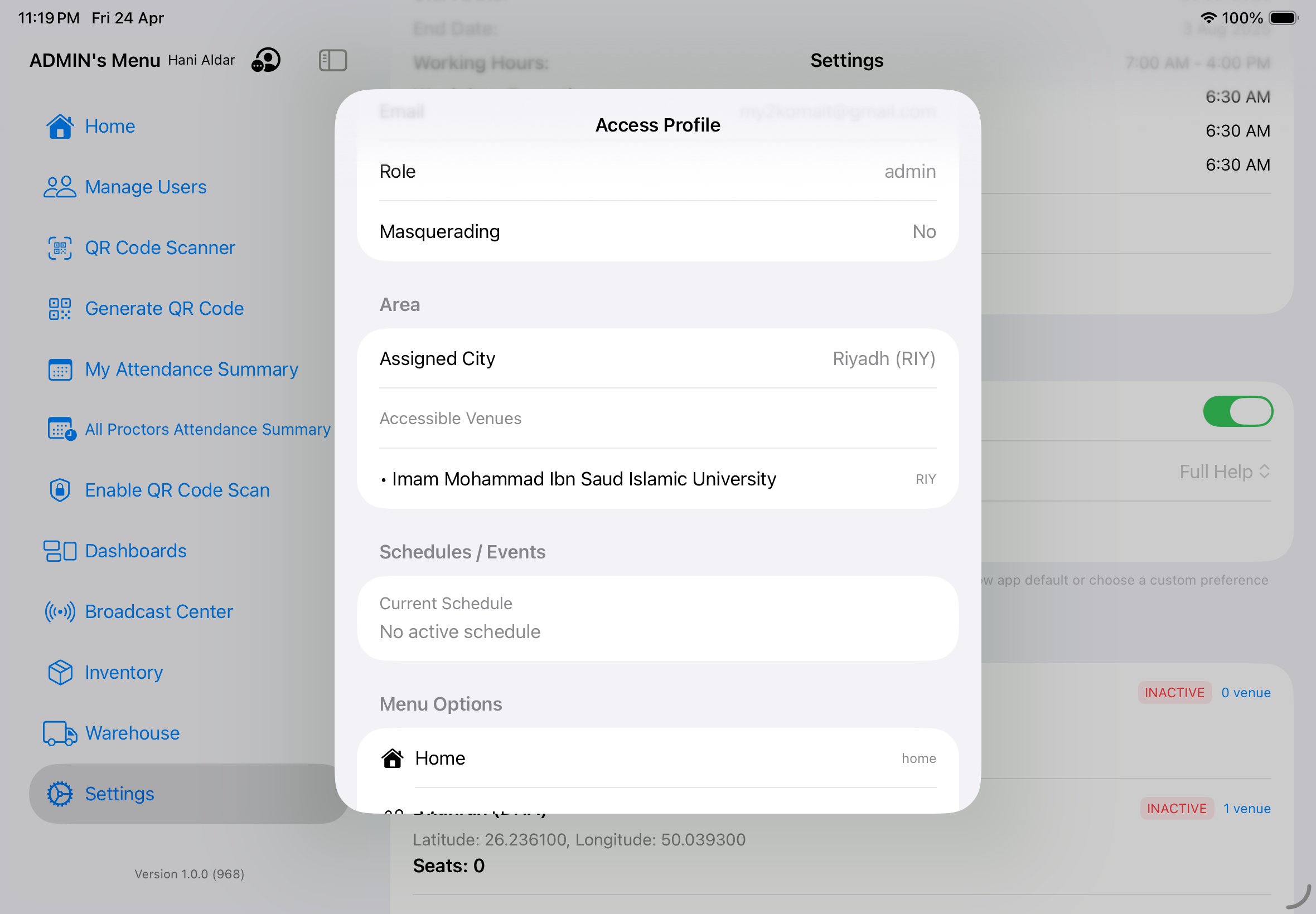 Access Profile sheet showing Role, Masquerading, Area, Assigned City, Accessible Venues, and Schedules
