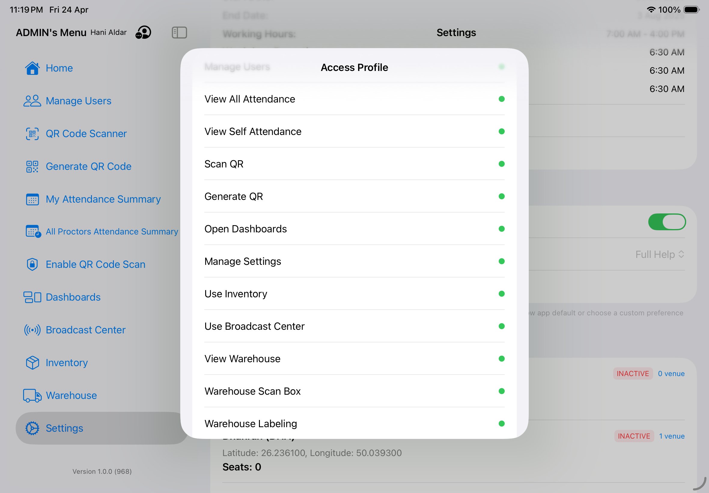Access Profile Menu Options list showing View All Attendance, Scan QR, Manage Settings, Warehouse Labeling, all with green granted dots