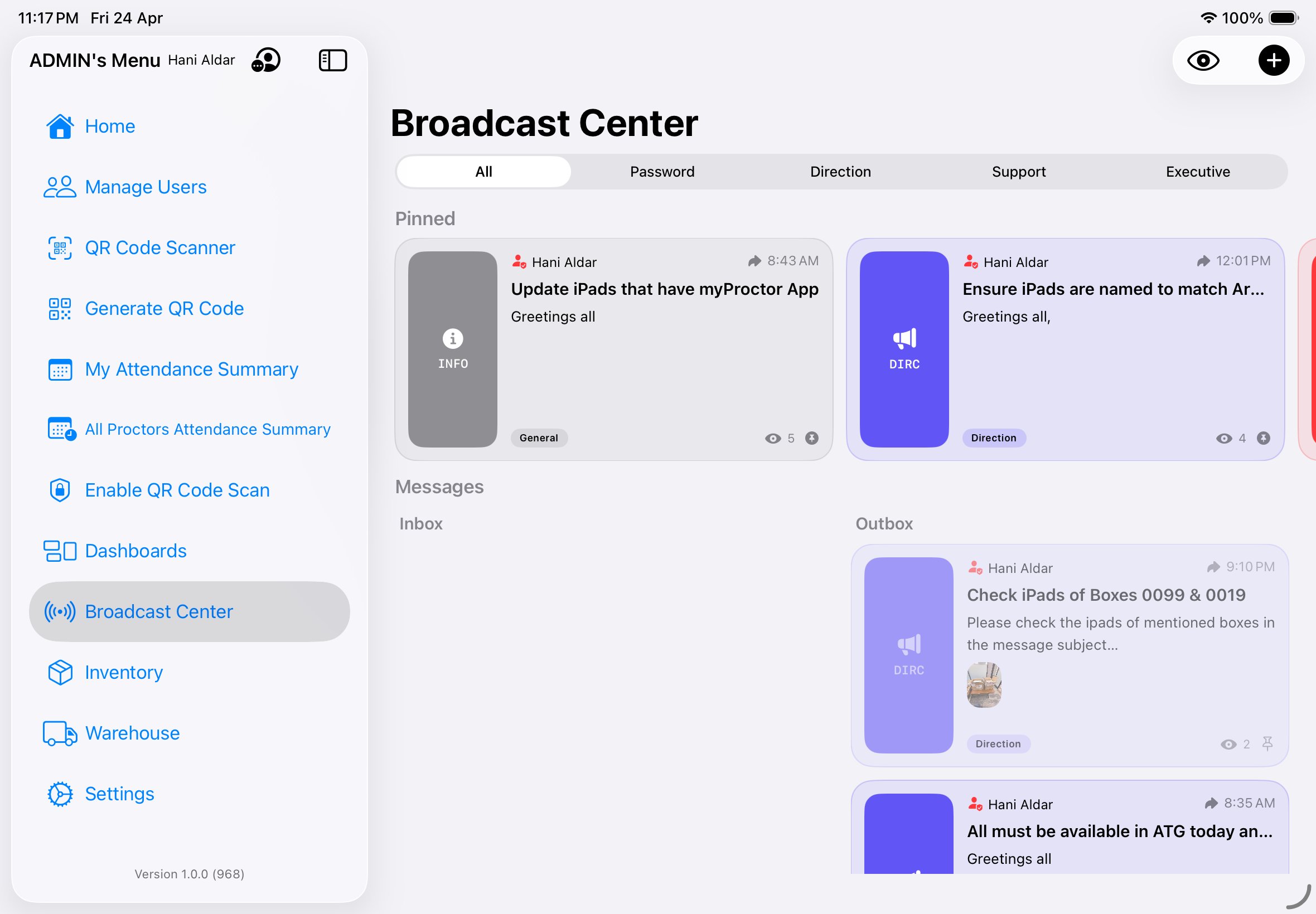 Broadcast Center inbox with All, Password, Direction, Support, Executive tabs