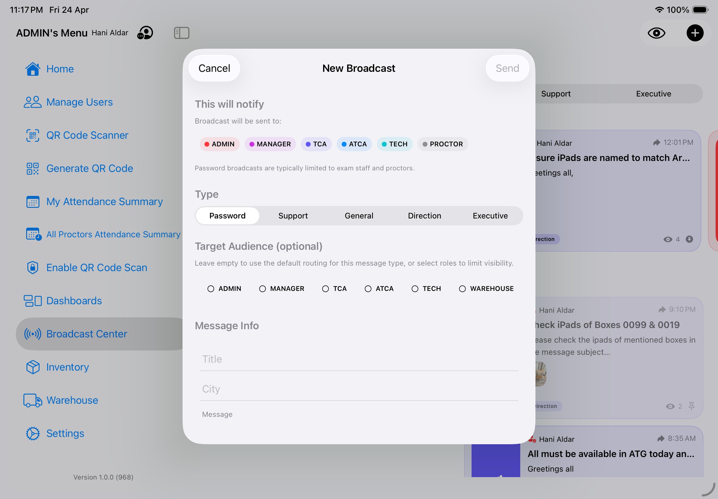 New Broadcast composer with Password type selected