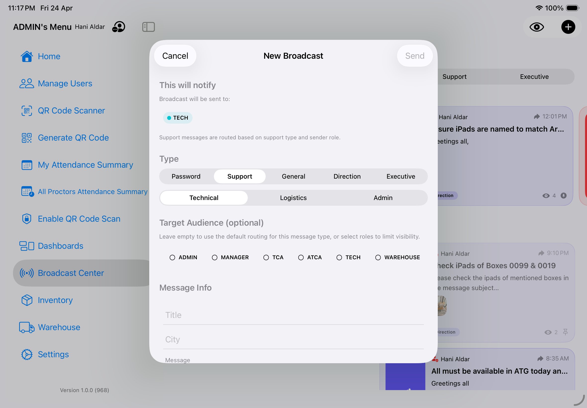 New Broadcast composer with Support type selected, Technical subtype