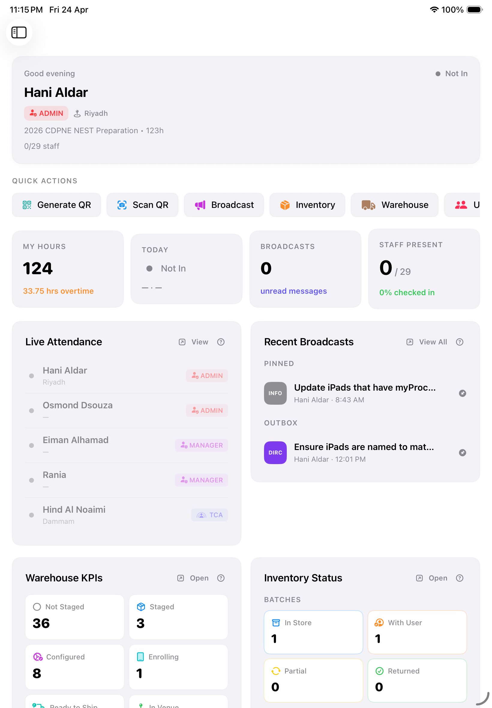 myProctor Home dashboard on iPad, Admin role