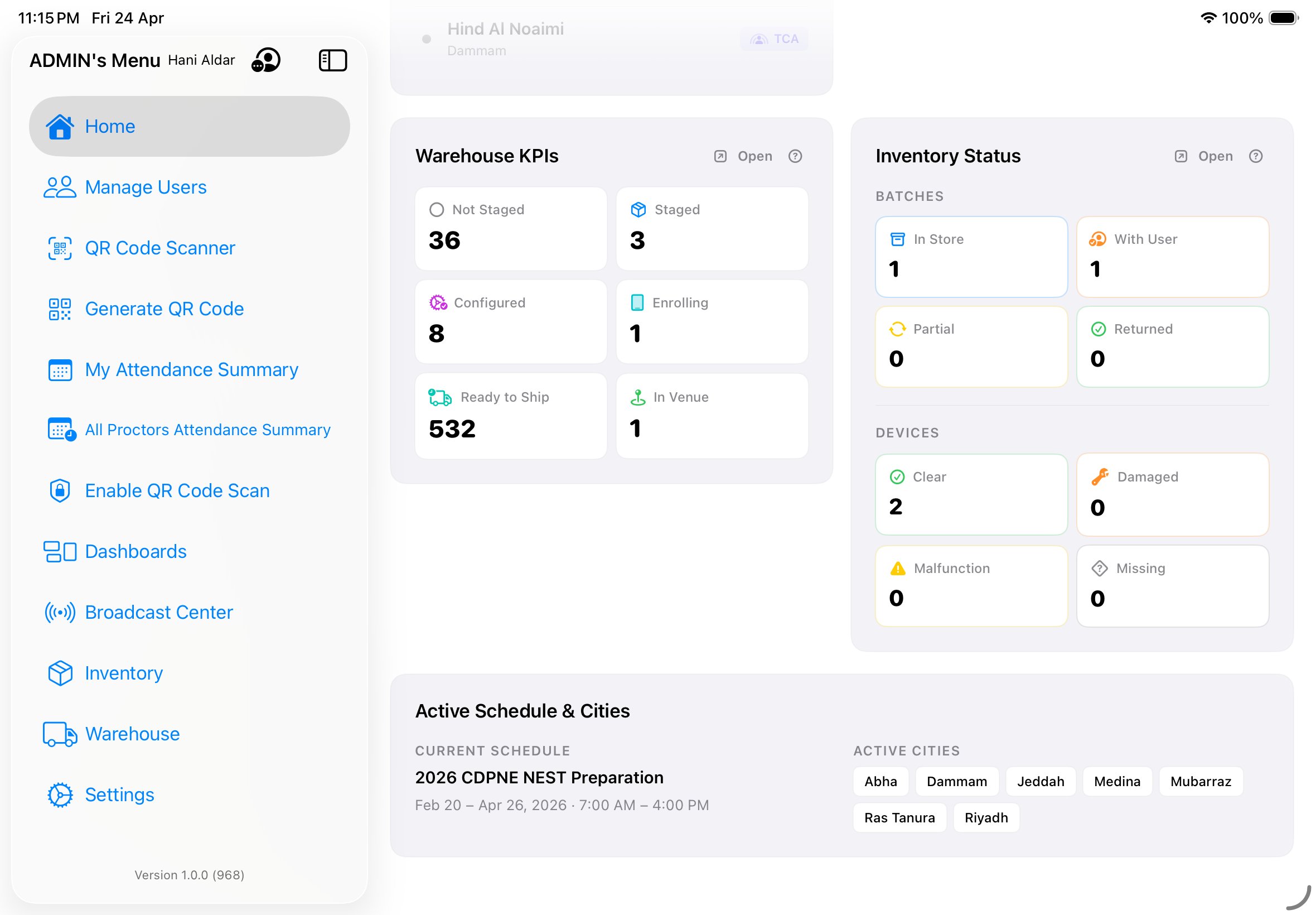 Home dashboard scrolled down showing Warehouse KPIs, Inventory Status, and Active Schedule