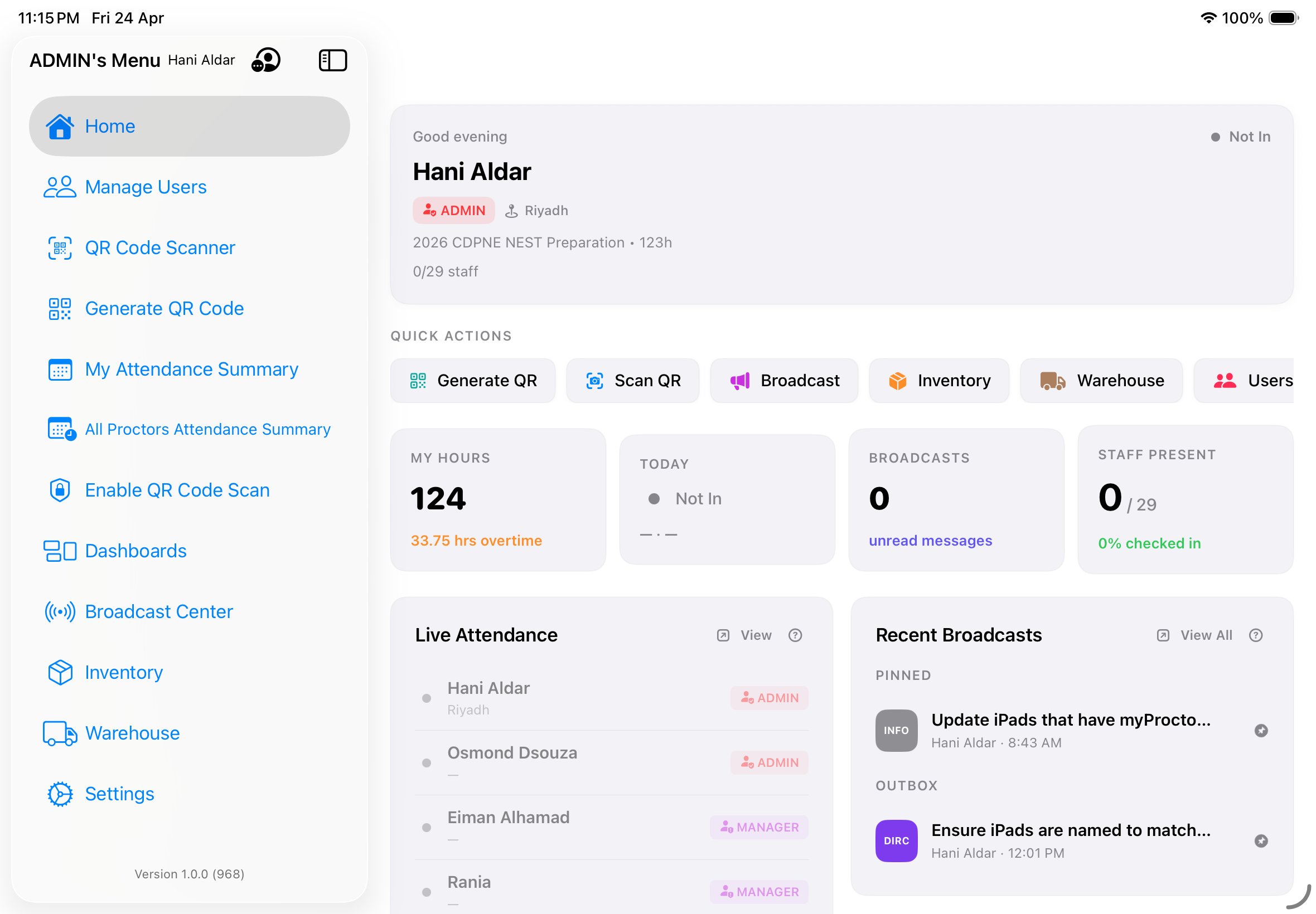myProctor sidebar menu open showing the Admin's full navigation