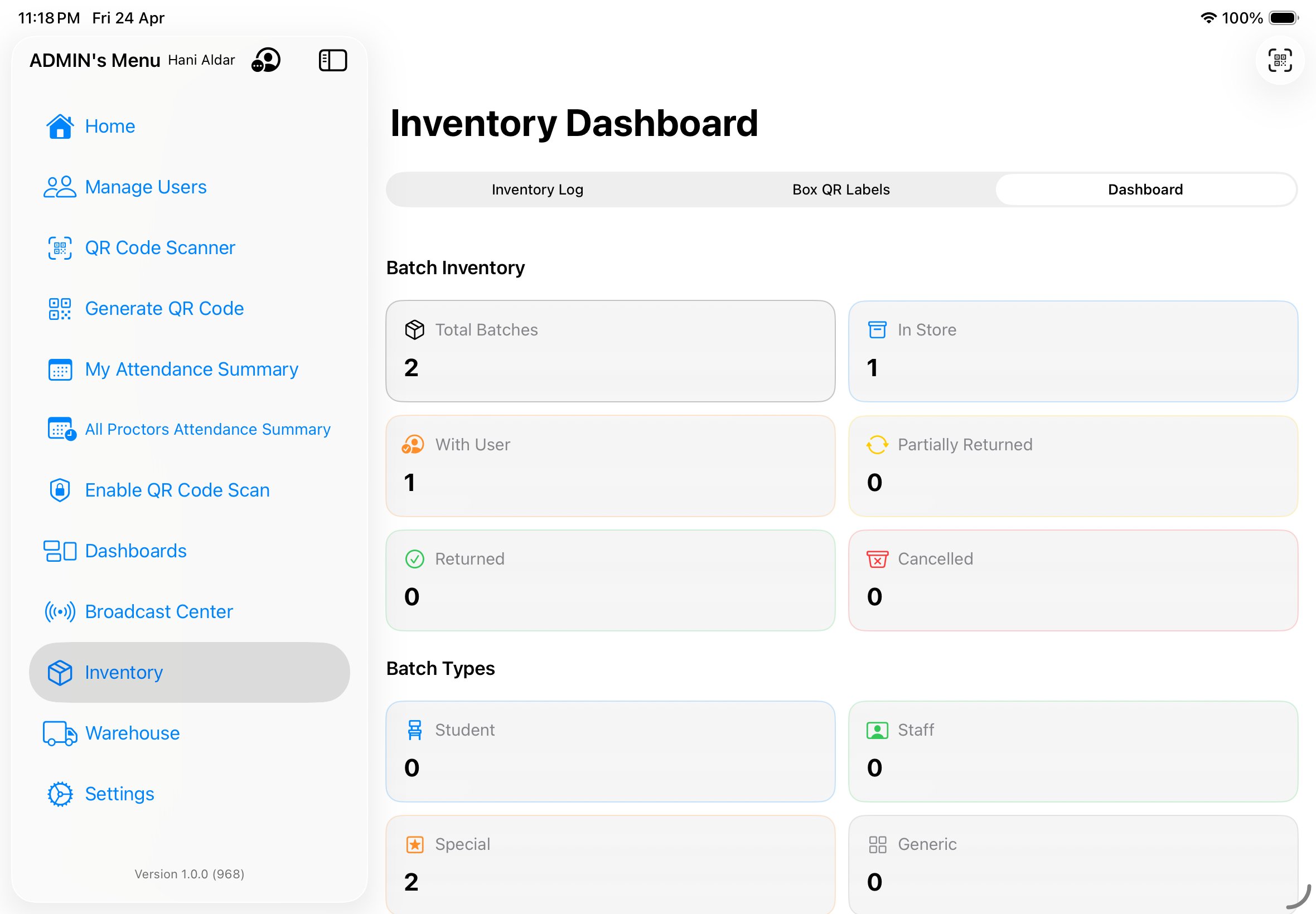 Inventory Dashboard showing Total Batches, In Store, With User, Partially Returned, Returned, Cancelled, and Batch Types breakdown