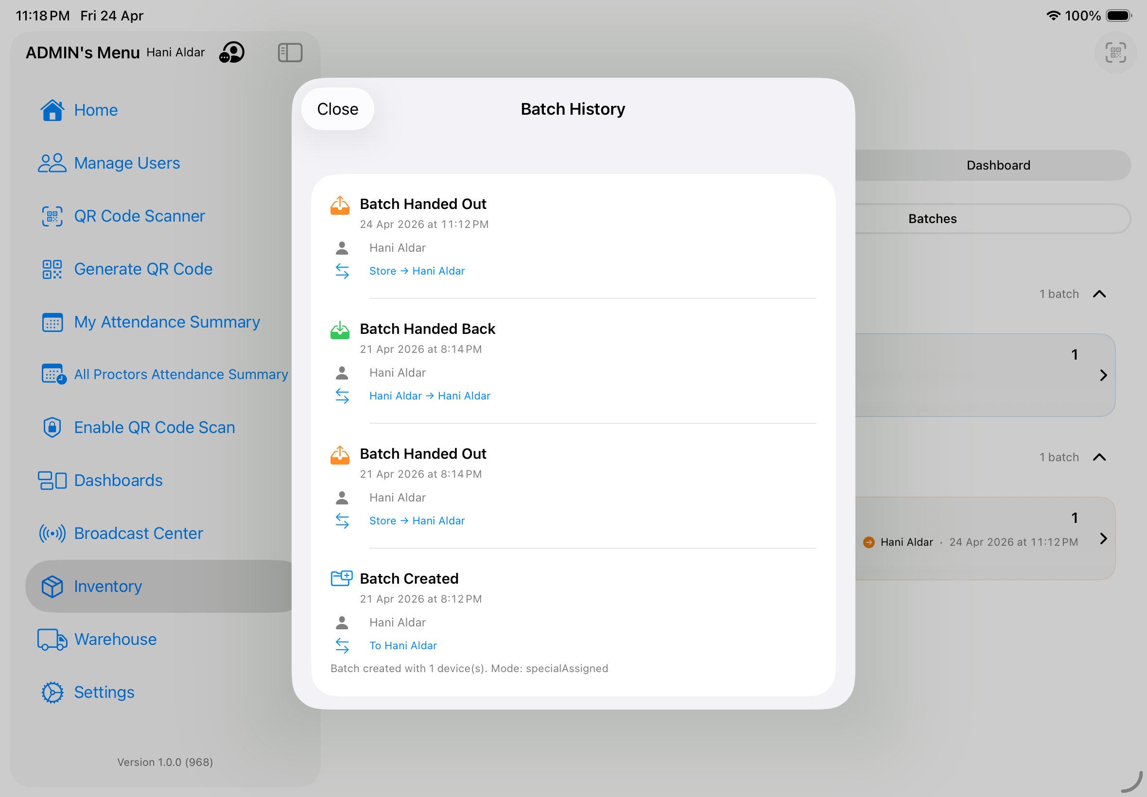 Batch History sheet showing Batch Handed Out, Handed Back, and Created events with timestamps