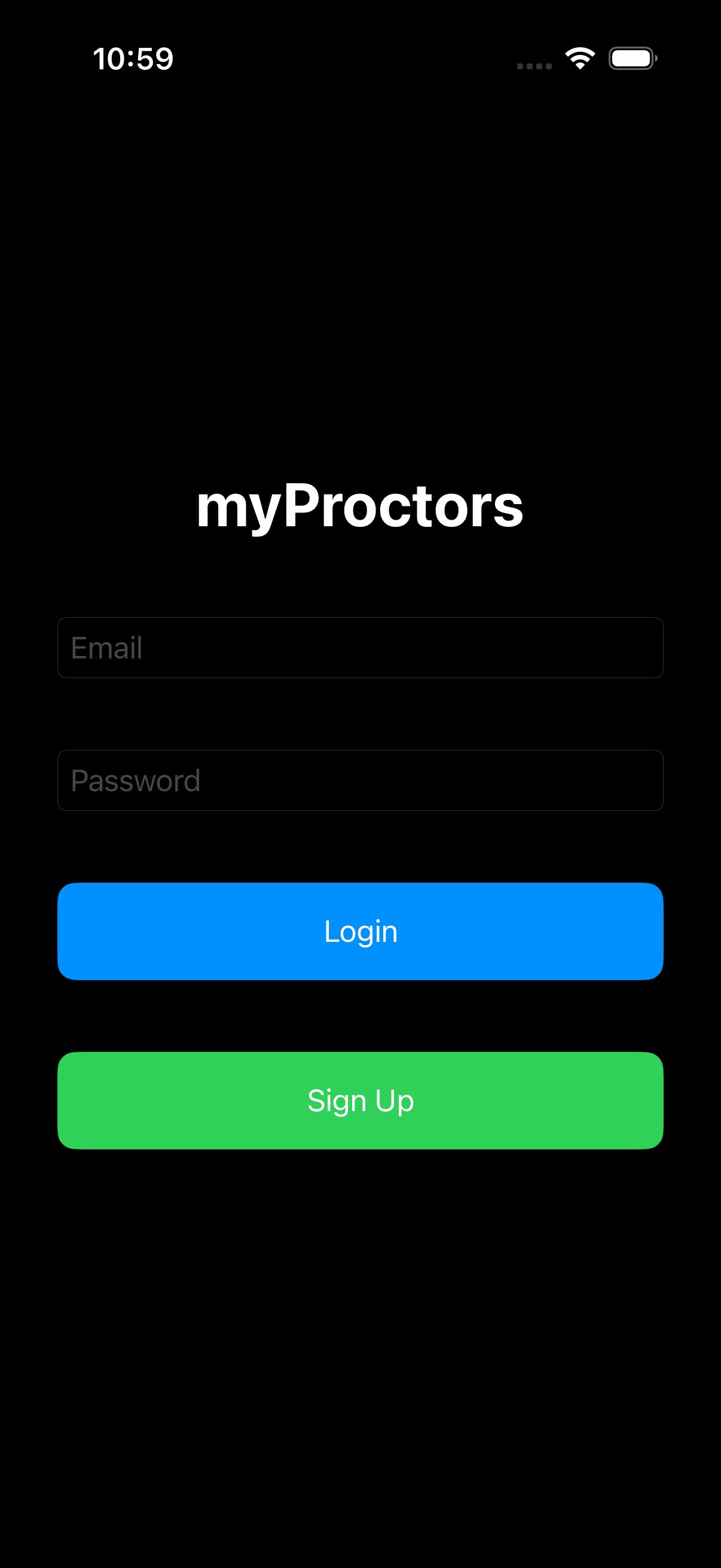 myProctor login screen with Email field, Password field, blue Login button, and green Sign Up button