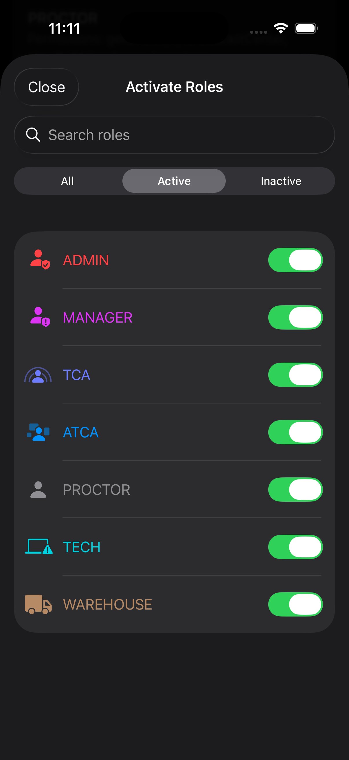 Activate Roles, Active tab, listing only the roles currently turned on