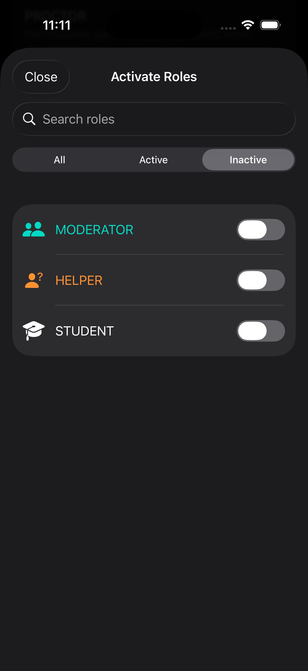 Activate Roles, Inactive tab, showing Moderator, Helper, and Student as the disabled roles