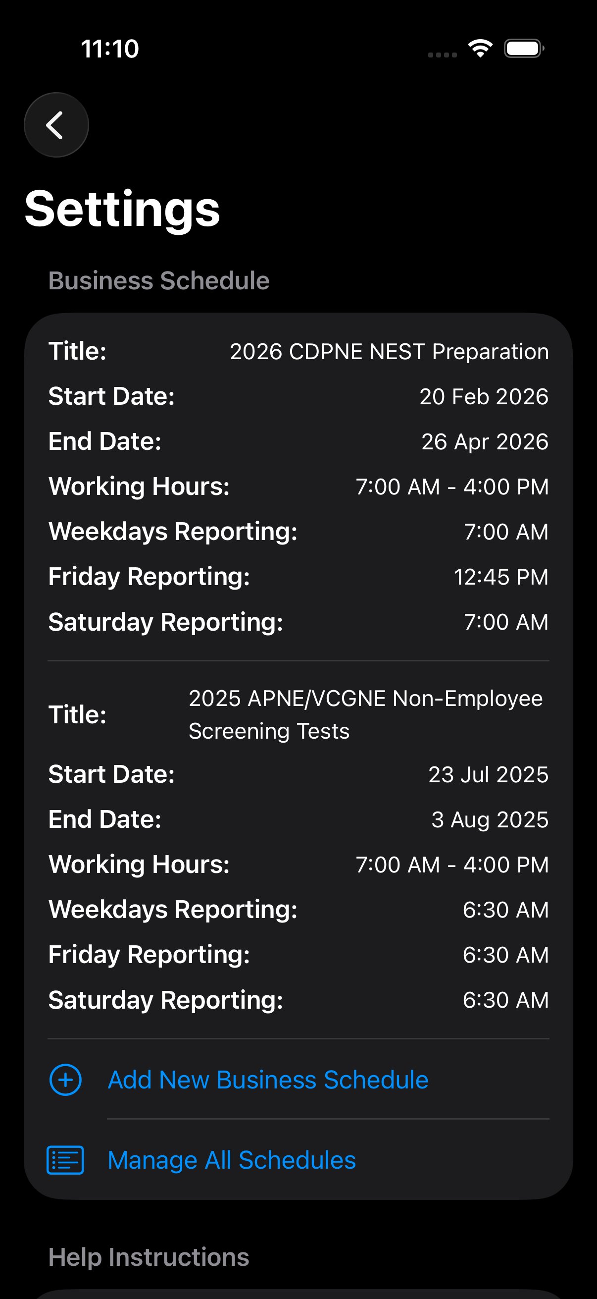 Business Schedule list showing 2026 CDPNE NEST Preparation and 2025 APNE/VCGNE schedules with start/end dates, working hours, and per-day reporting times
