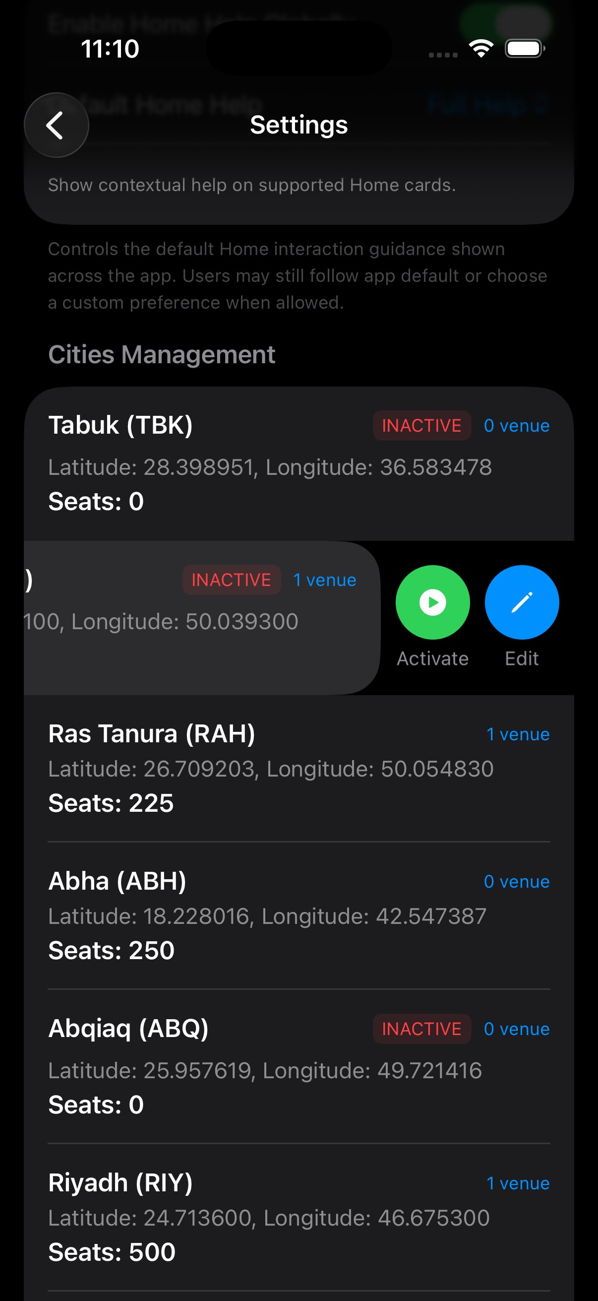 Cities Management list with Tabuk, Riyadh, Ras Tanura, Abha, Abqiaq cities; latitude/longitude/seats per city; INACTIVE chips on some, venue counts in blue, and Activate/Edit action pills on a long-pressed row