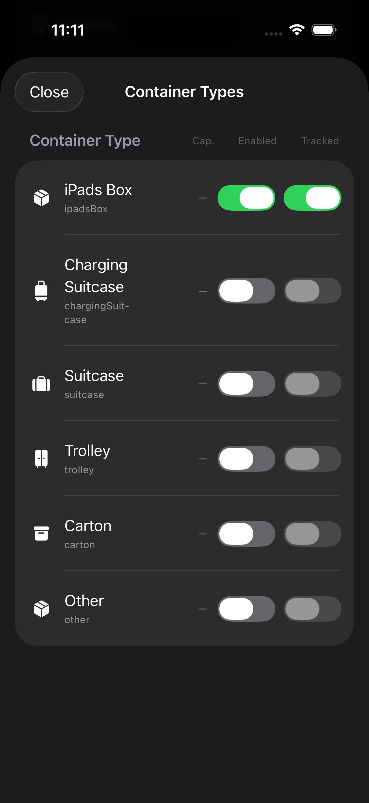 Container Types modal listing iPads Box, Charging Suitcase, Suitcase, Trolley, Carton, Other with capacity dashes and Enabled/Tracked toggles. Only iPads Box is Enabled+Tracked
