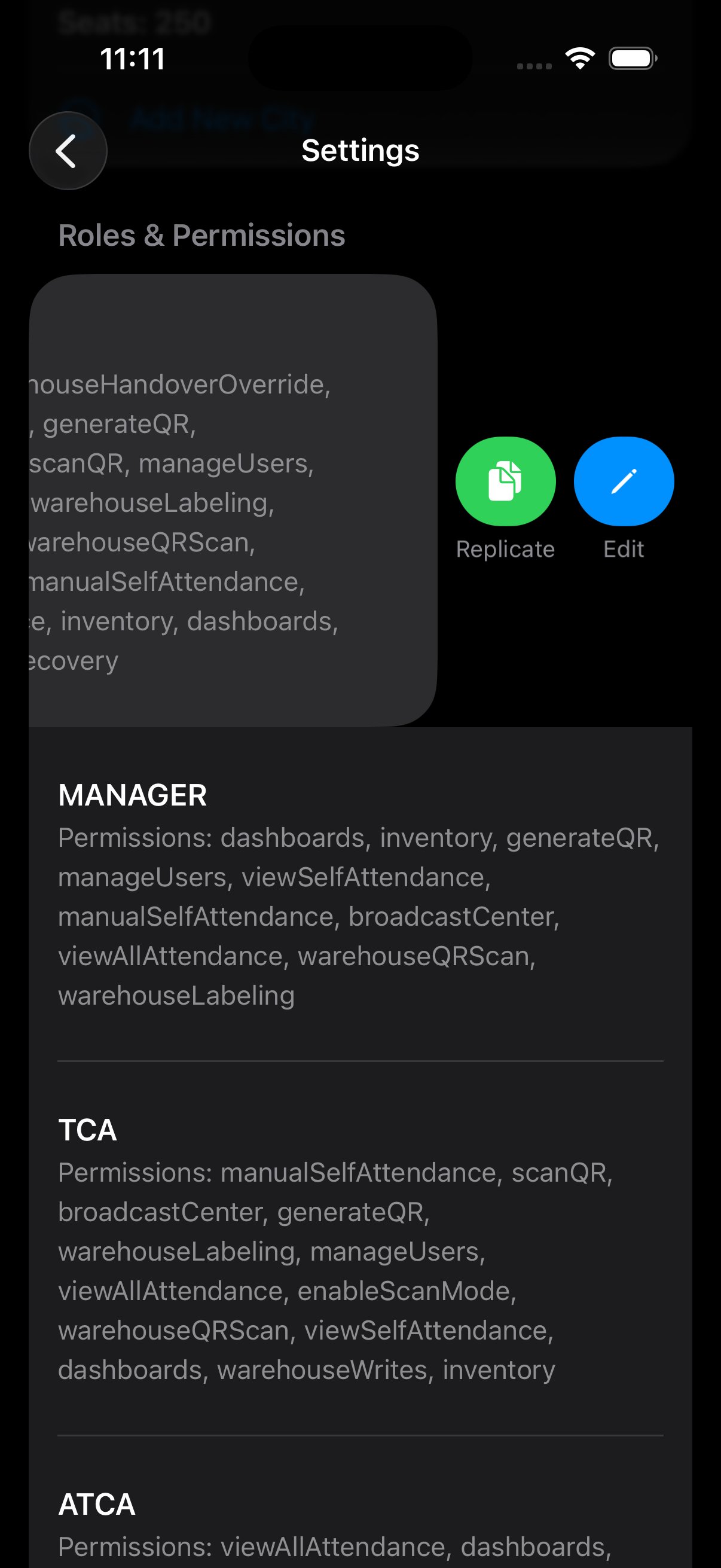 Roles & Permissions screen showing MANAGER, TCA, ATCA permission strings (manualSelfAttendance, scanQR, broadcastCenter, generateQR, warehouseLabeling, manageUsers, viewAllAttendance, enableScanMode, etc.) with Replicate and Edit pill at top
