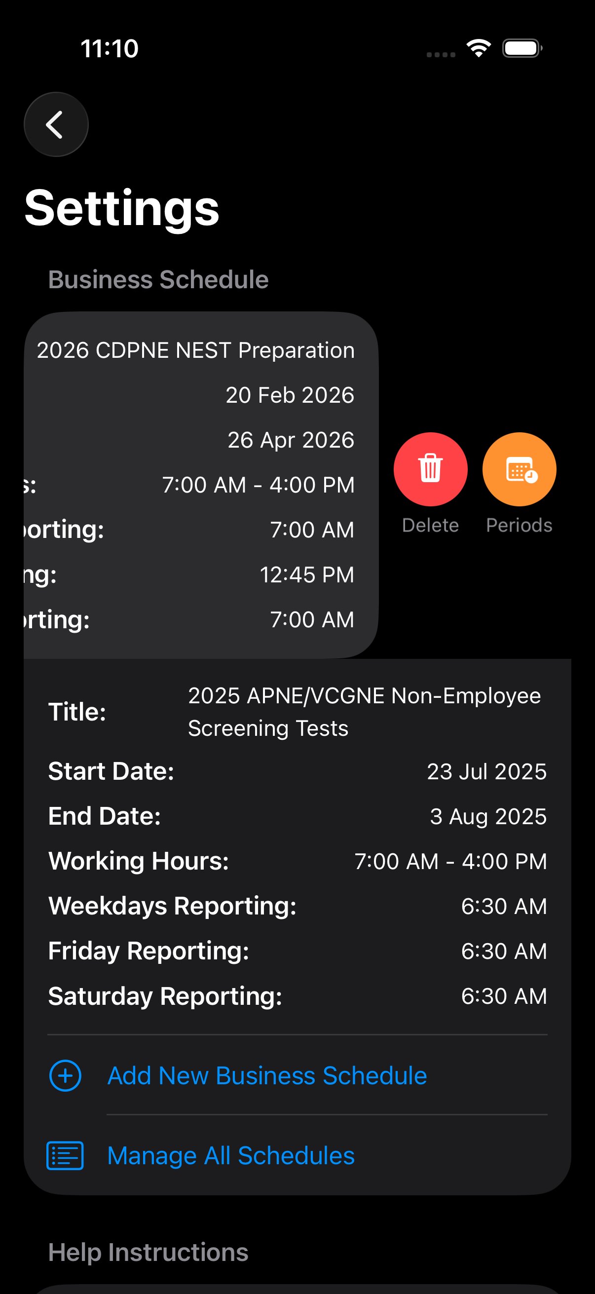 Long-press context menu on a Business Schedule showing red Delete button and orange Periods button