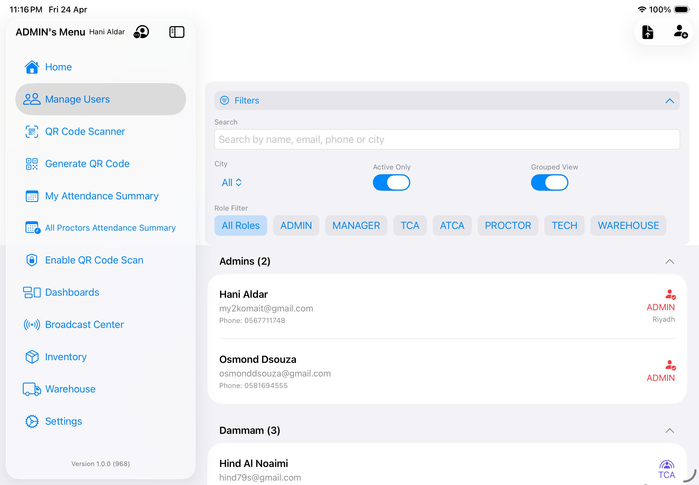 Manage Users with filters expanded