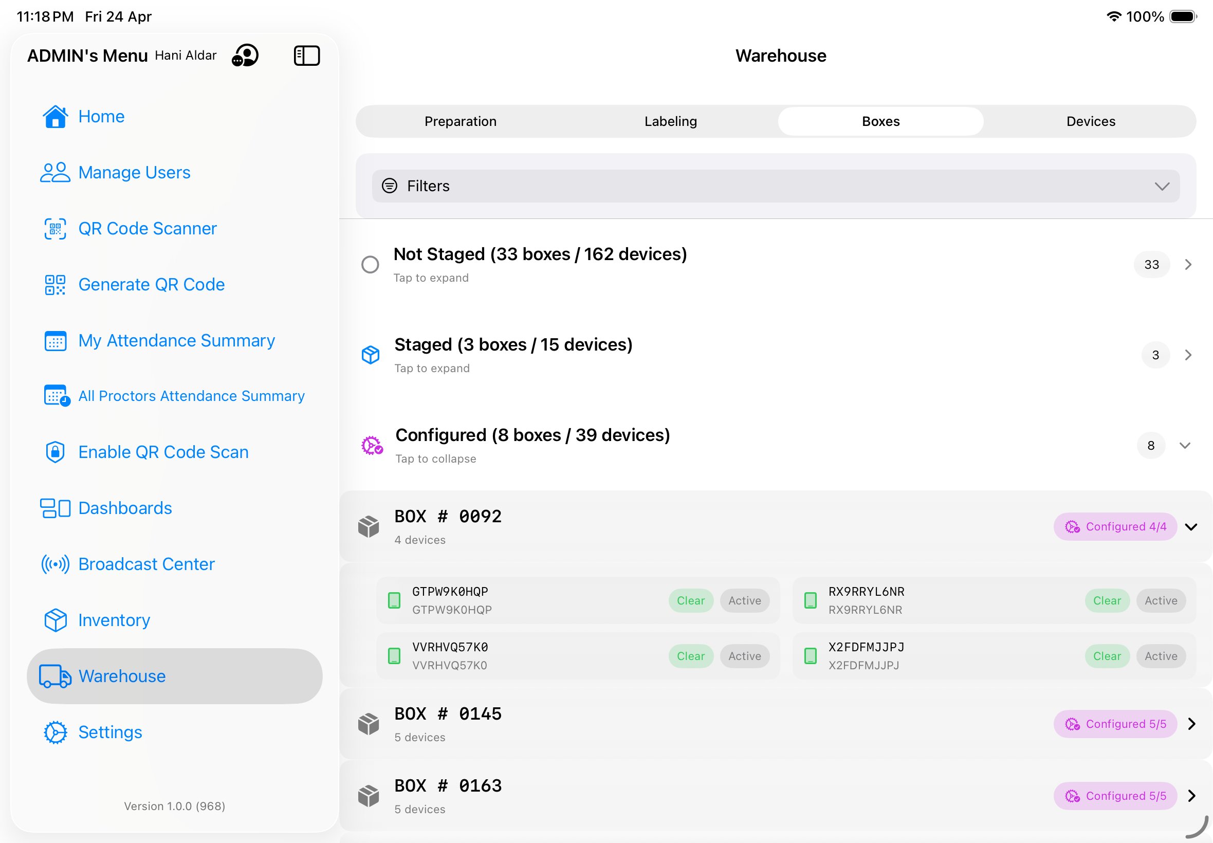 Configured stage expanded showing BOX #0092 with four device rows