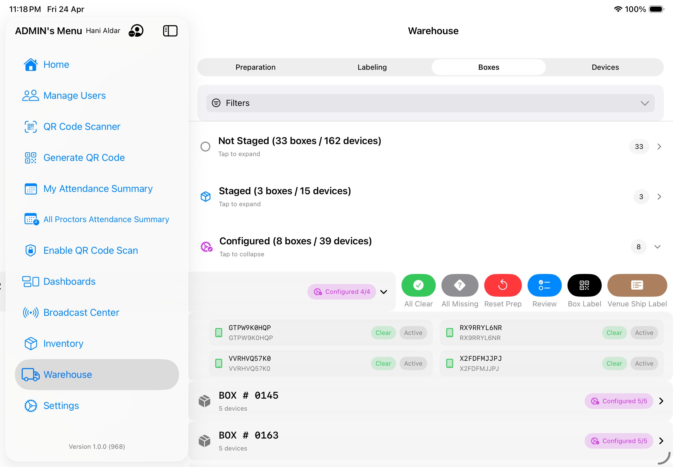Swipe actions on a box row revealing All Clear, All Missing, Reset Prep, Review, Box Label, Venue Ship Label