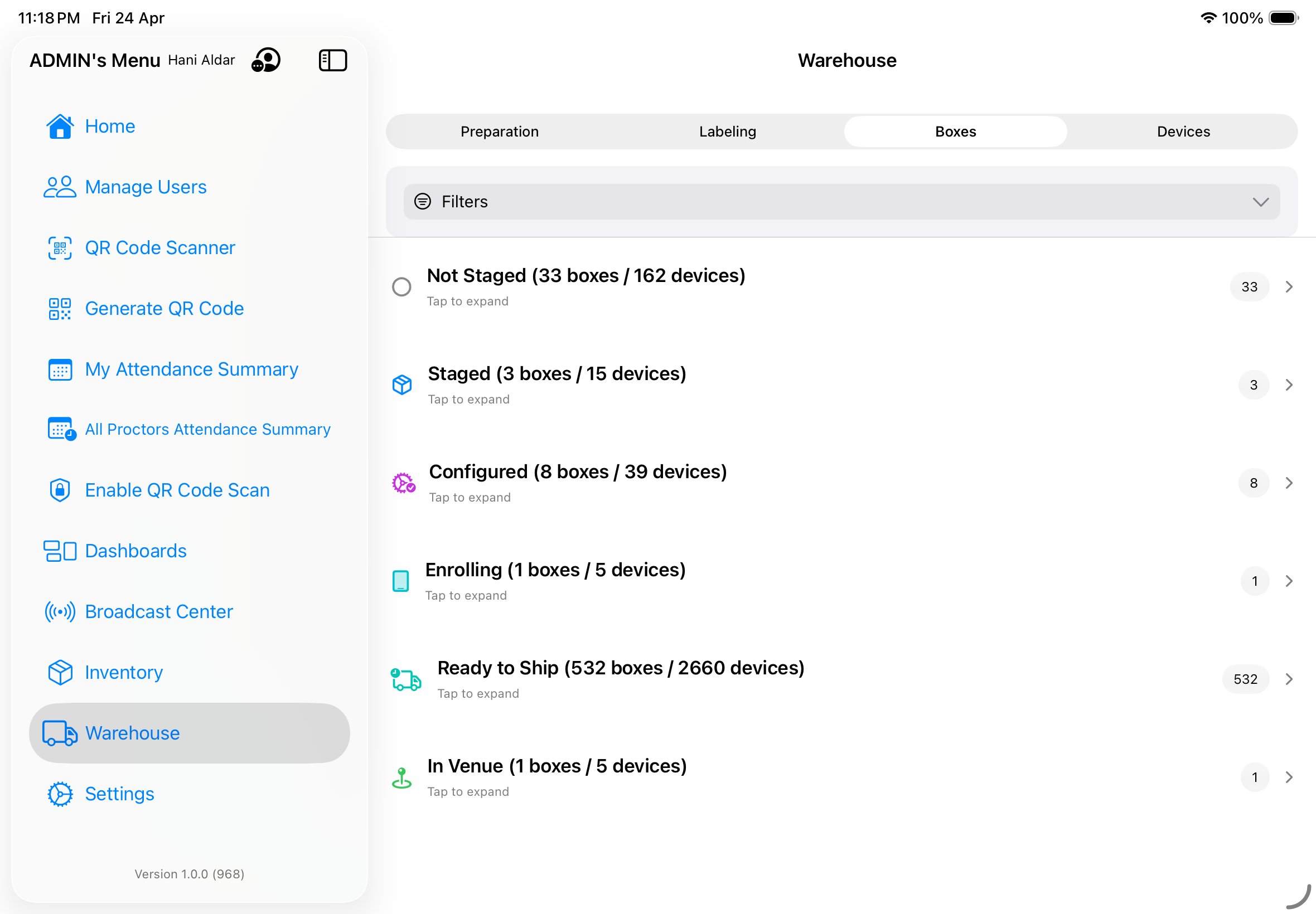 Warehouse Boxes tab showing the six stages with collapsible counts