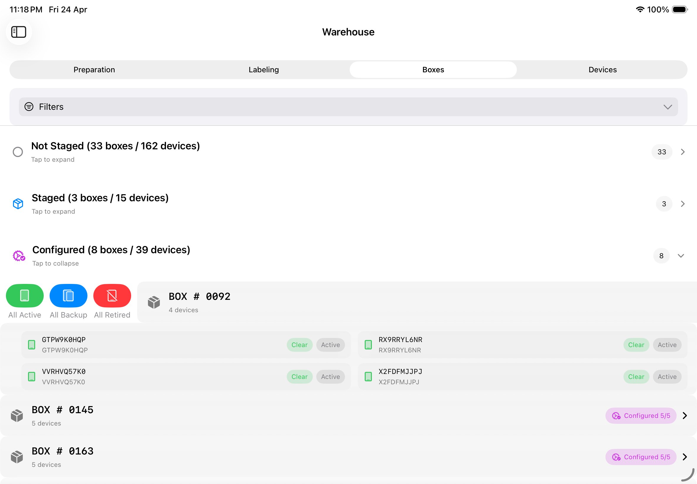 Swipe actions on a device row revealing All Active, All Backup, All Retired