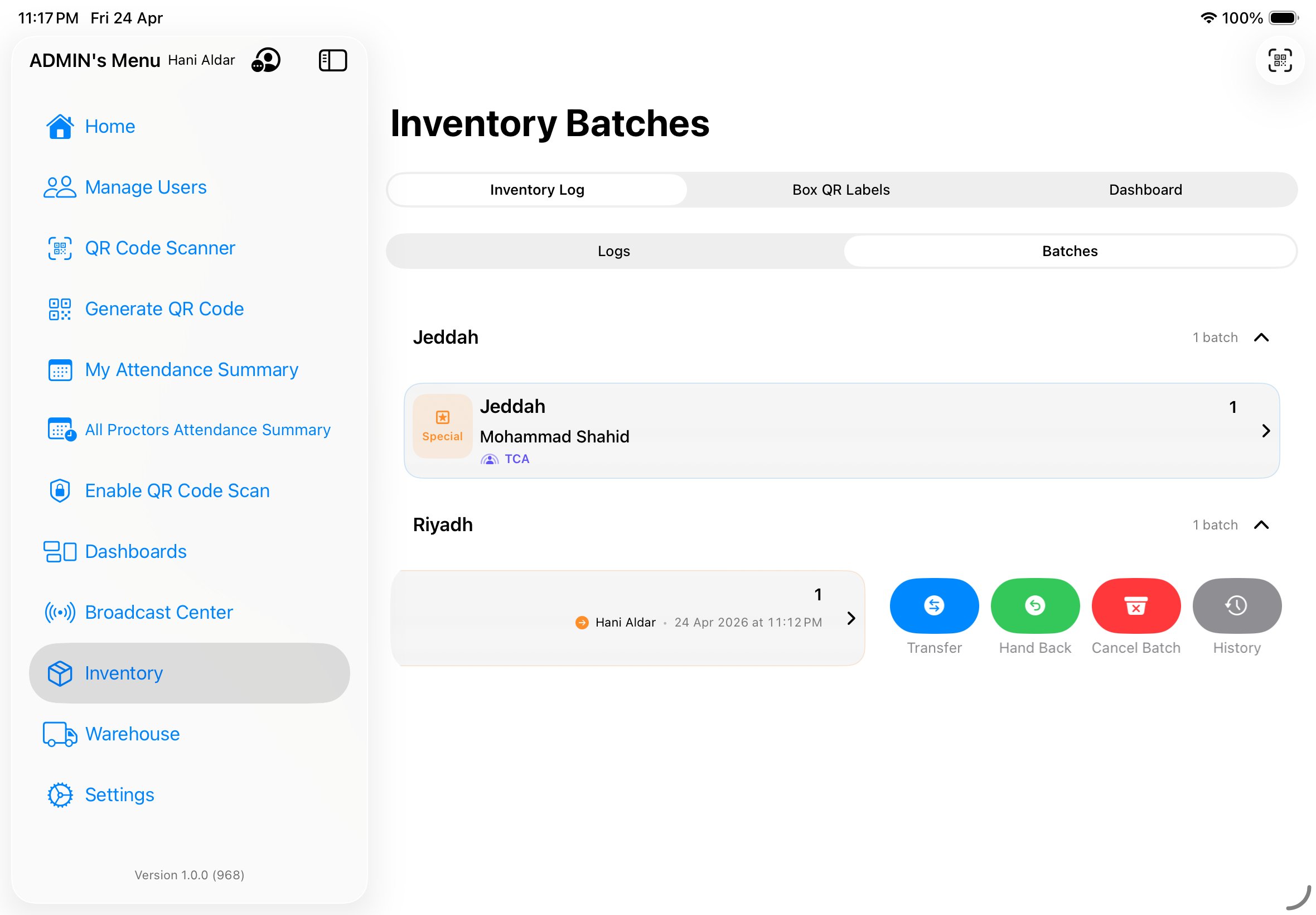 Inventory Batches screen with per-batch swipe actions
