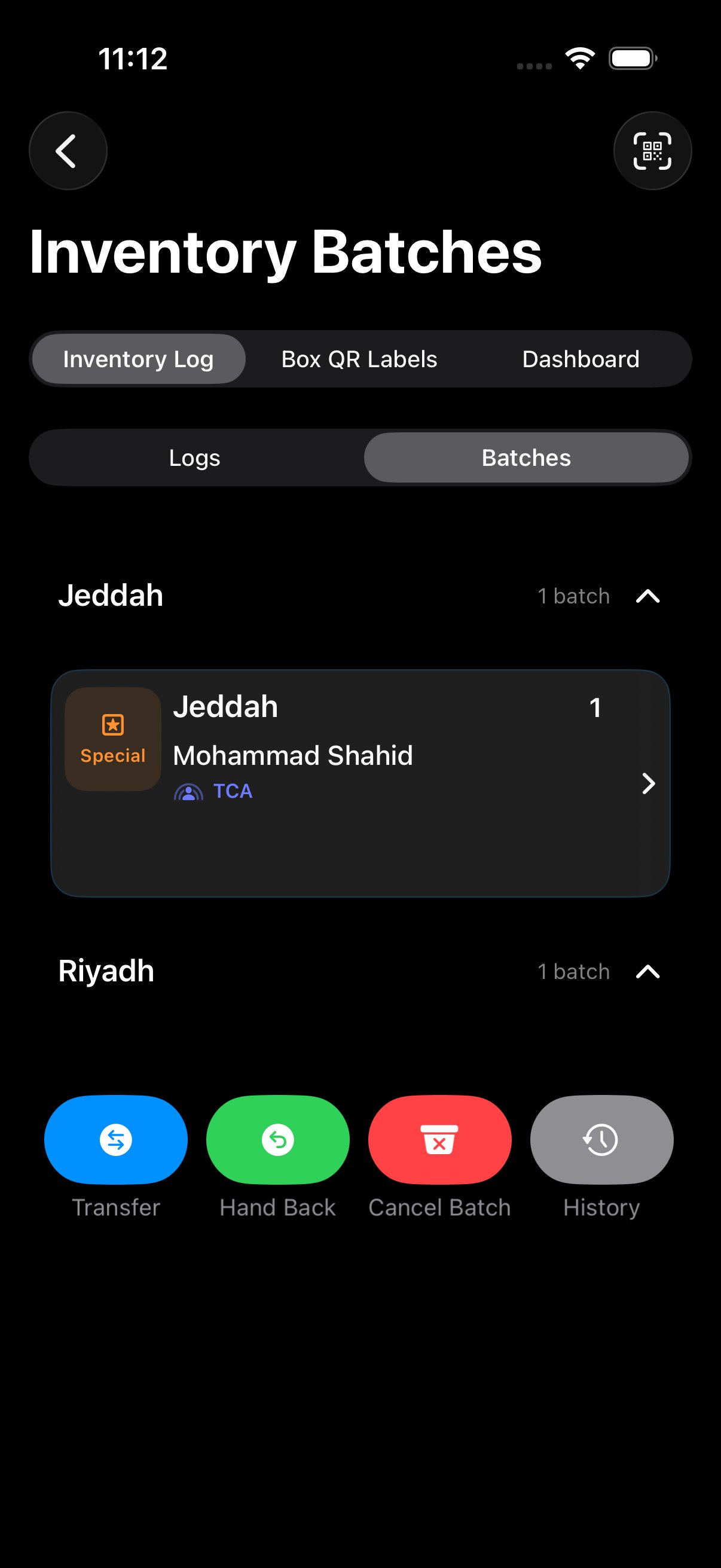 Inventory Batches screen on iPhone showing a Riyadh batch with trailing swipe revealing four action buttons: blue Transfer, green Hand Back, red Cancel Batch, and gray History
