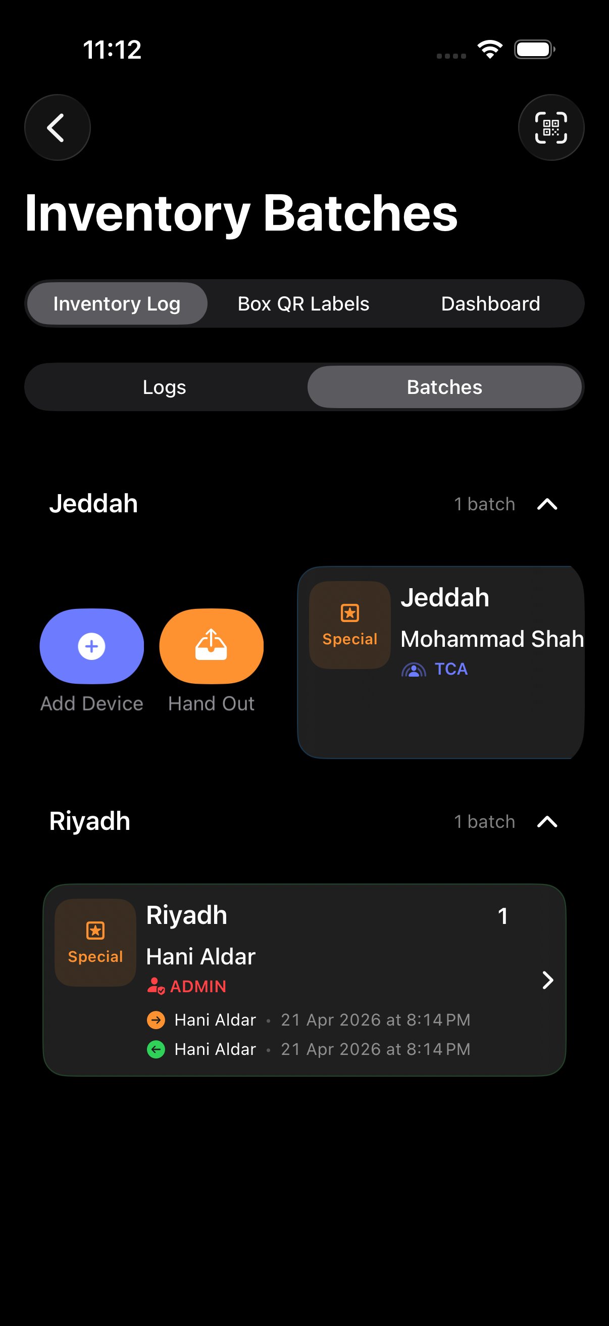 Inventory Batches screen on iPhone showing a Jeddah batch with leading swipe revealing two action buttons: indigo Add Device and orange Hand Out