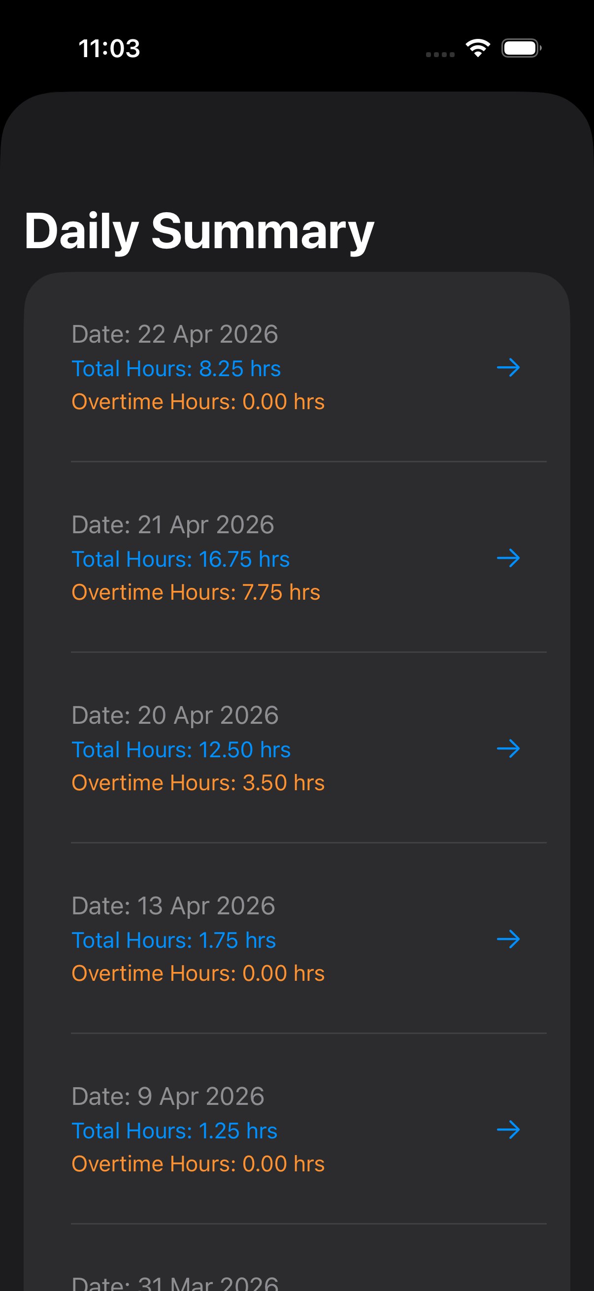 Daily Summary list showing per-day breakdown: dates with total hours and overtime hours per day, each with a chevron to drill into the day's logs