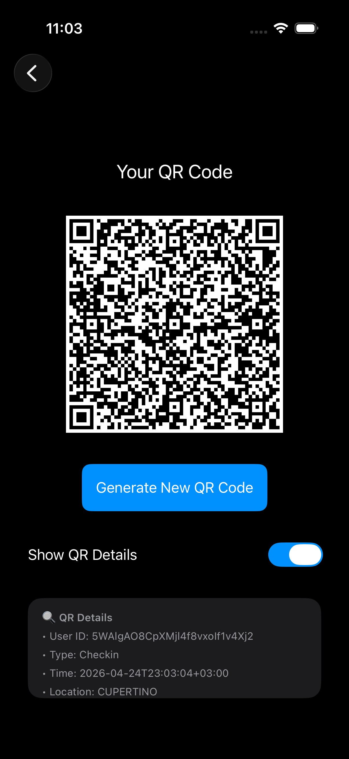 Your QR Code screen on iPhone with a large QR rendered, a Generate New QR Code button, Show QR Details toggle, and the QR Details listing User ID, Type Checkin, Time, Location
